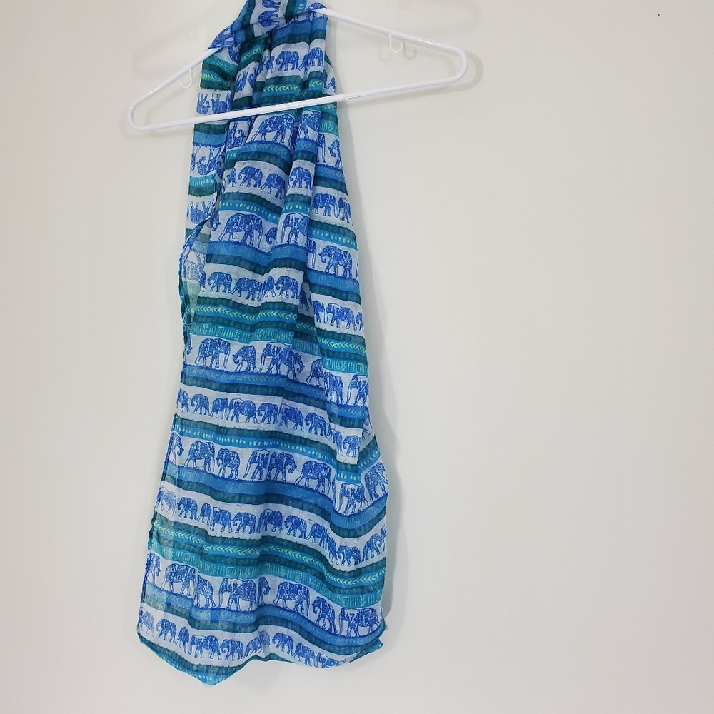 Thin Blue and Green Infinity Scarf with Elephants